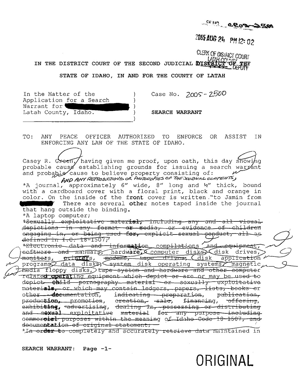 Jamin Wight Search Warrant page 1