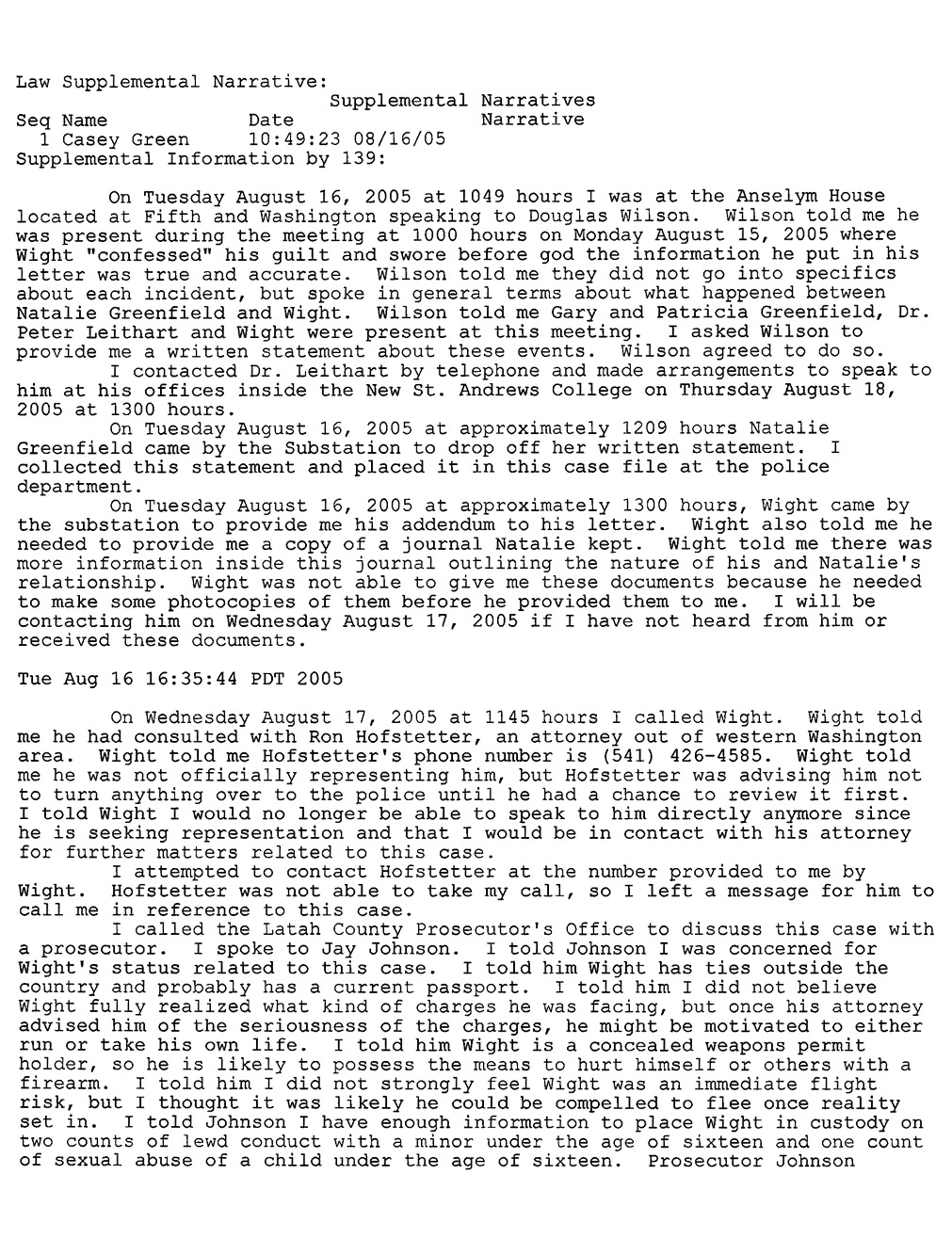 Jamin Wight: Supplemental Police Narrative page 1