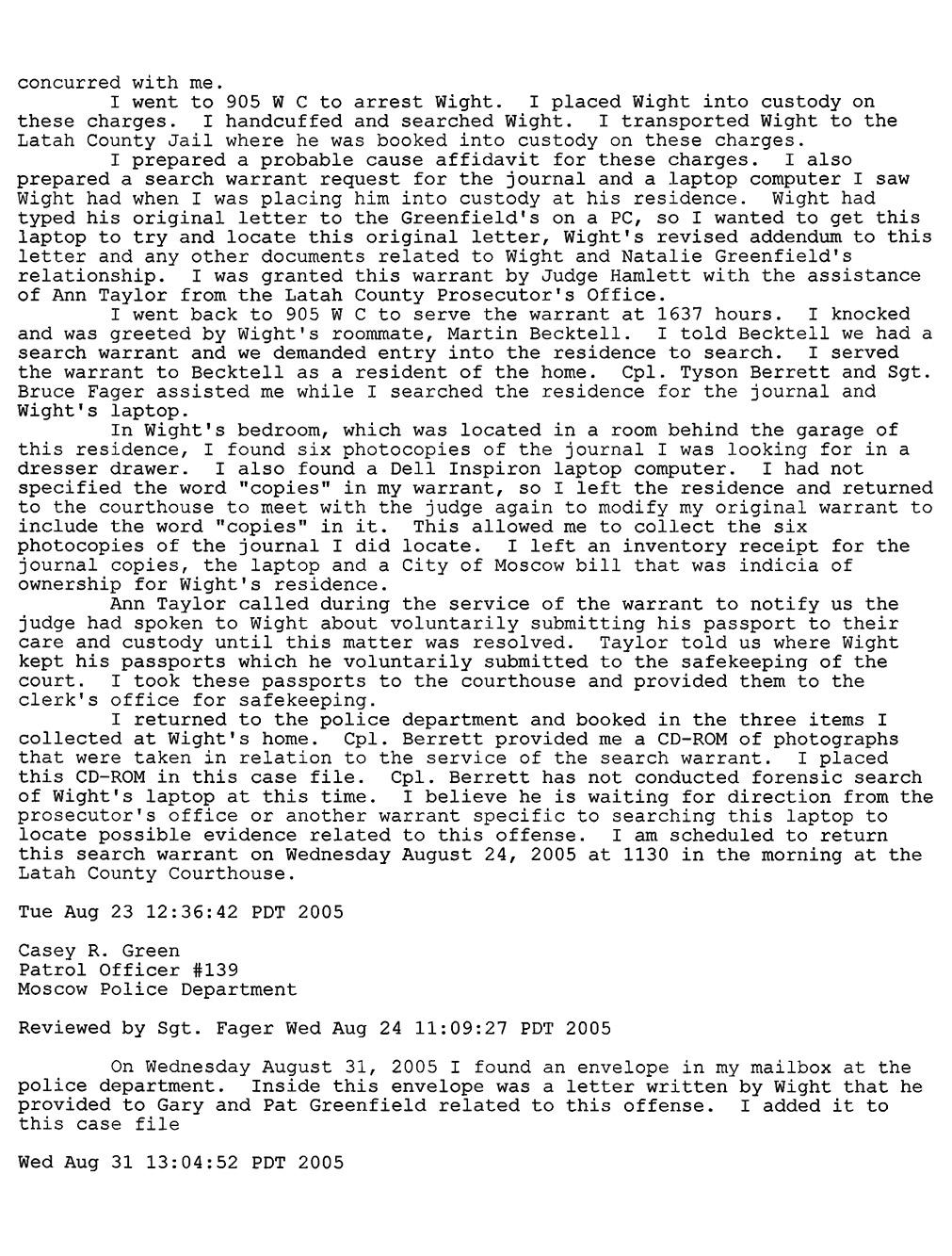 Jamin Wight: Supplemental Police Narrative page 2