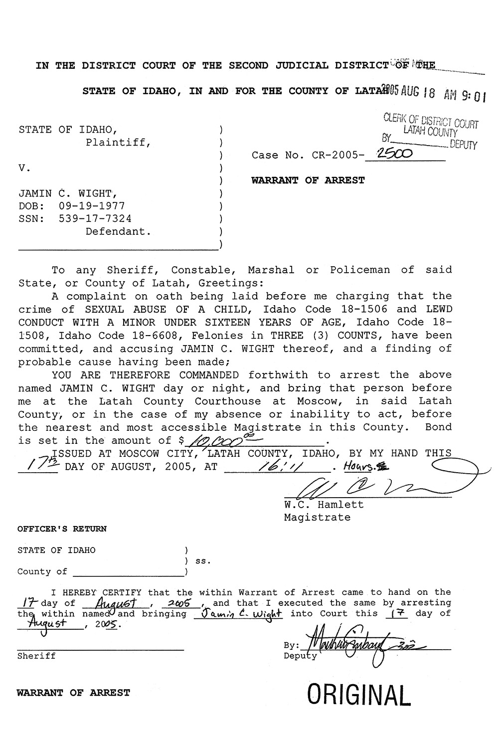 Jamin Wight: Warrant of Arrest, 2005