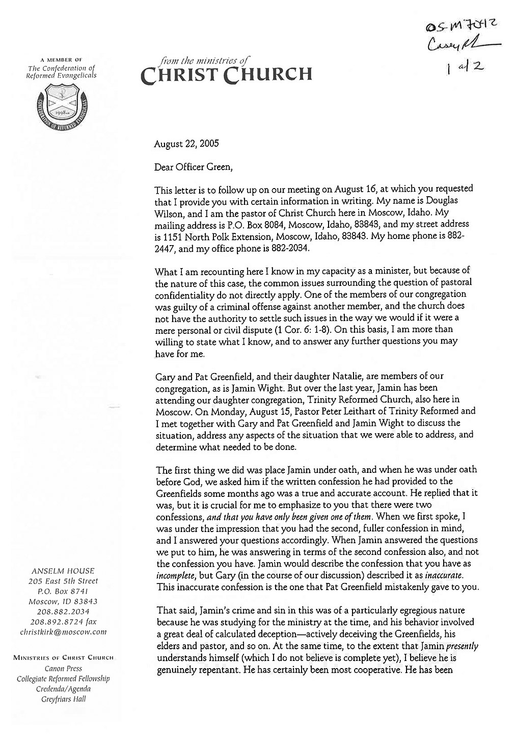 Douglas Wilson to Officer Green page 1