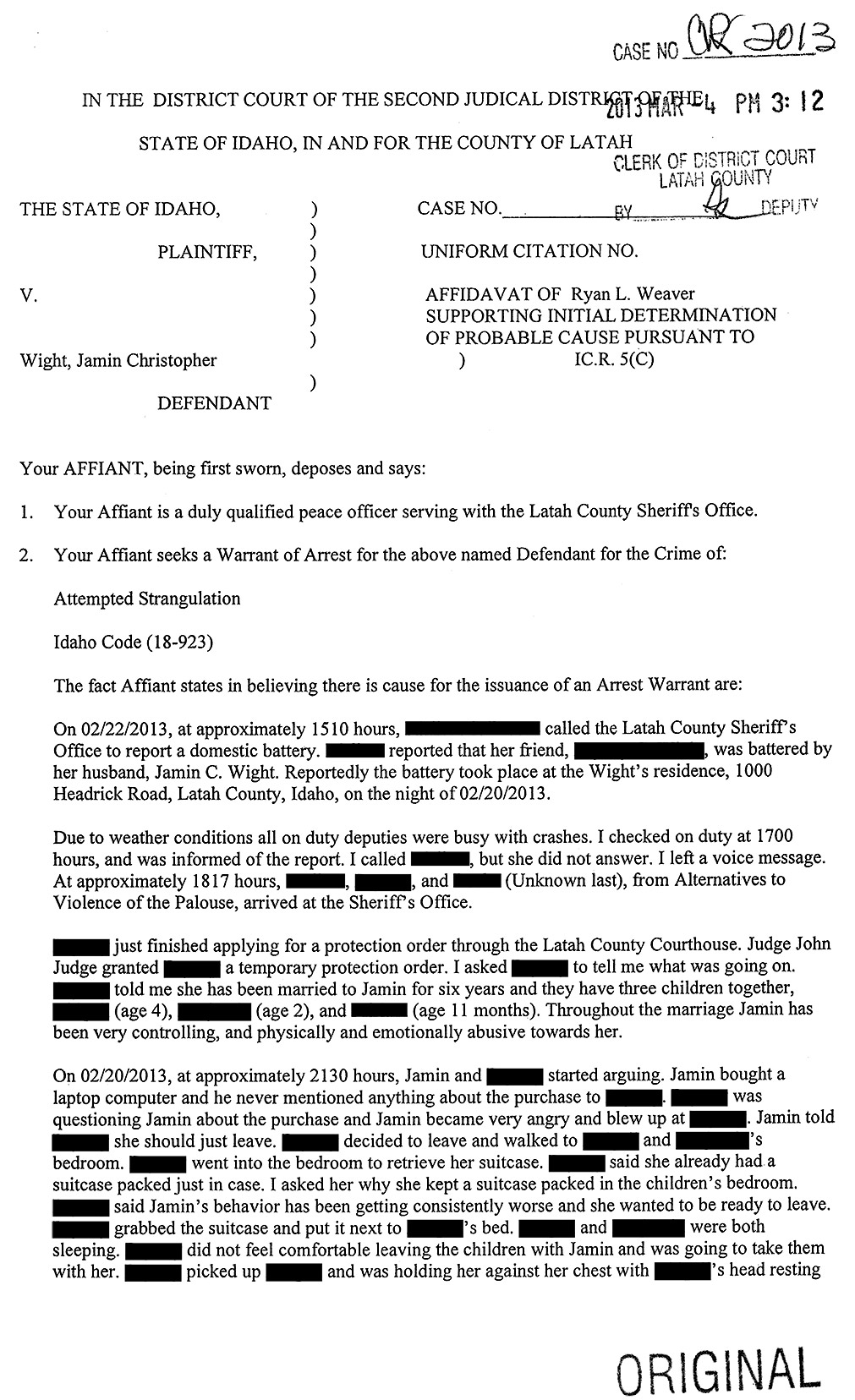 Affidavit of Latah County Sheriff’s Detective Ryan Weaver page 1