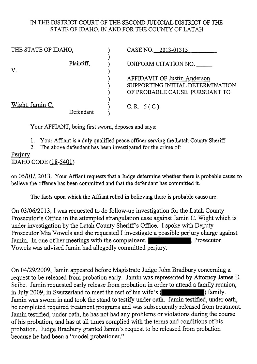 Affidavit of Latah County Sheriff’s Detective Justin Anderson page 1